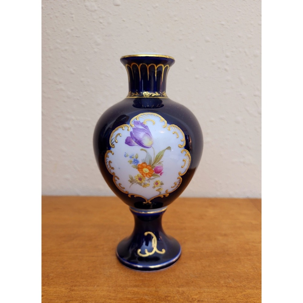 Vtg Candle Holder Porcelain Bud Vase Germany‎ Victorian Cobalt Floral Gold Trim